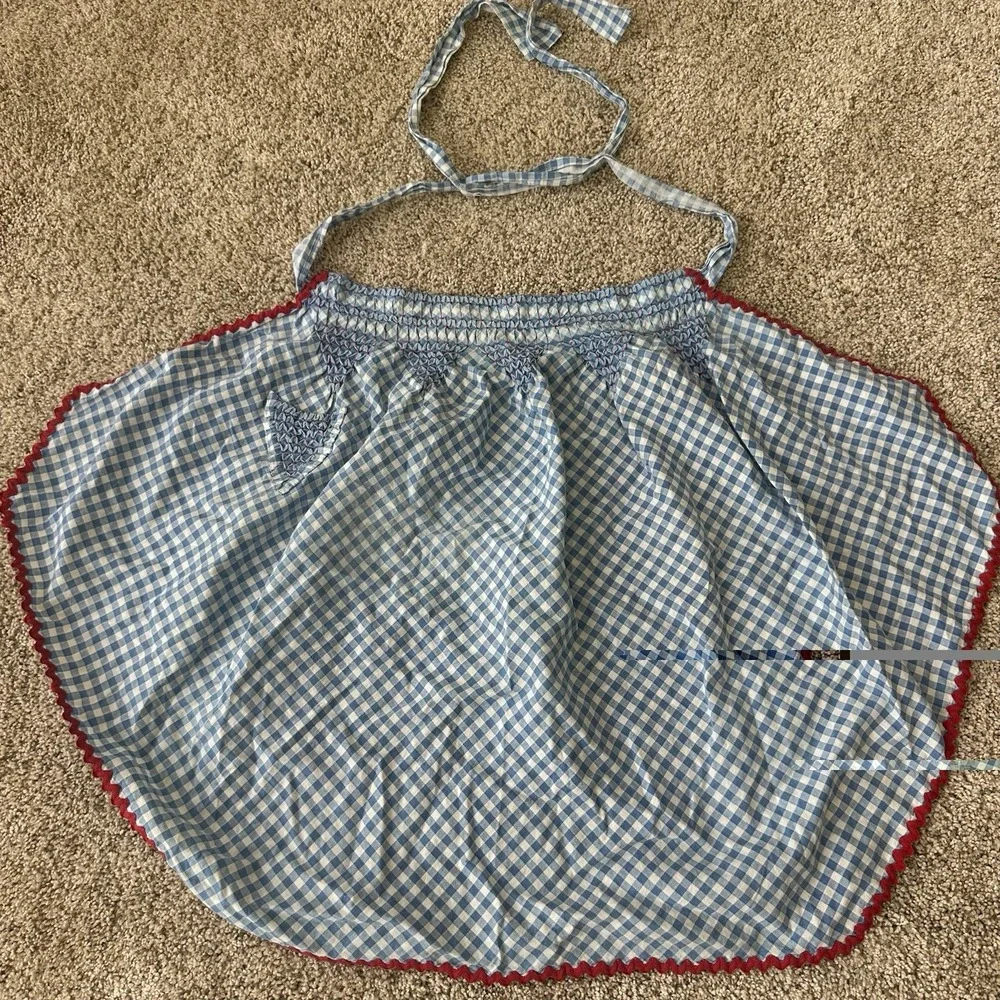 Vintage Blue Gingham Half Apron Handmade Smocked Waist Pocket Tie Back Farmhouse